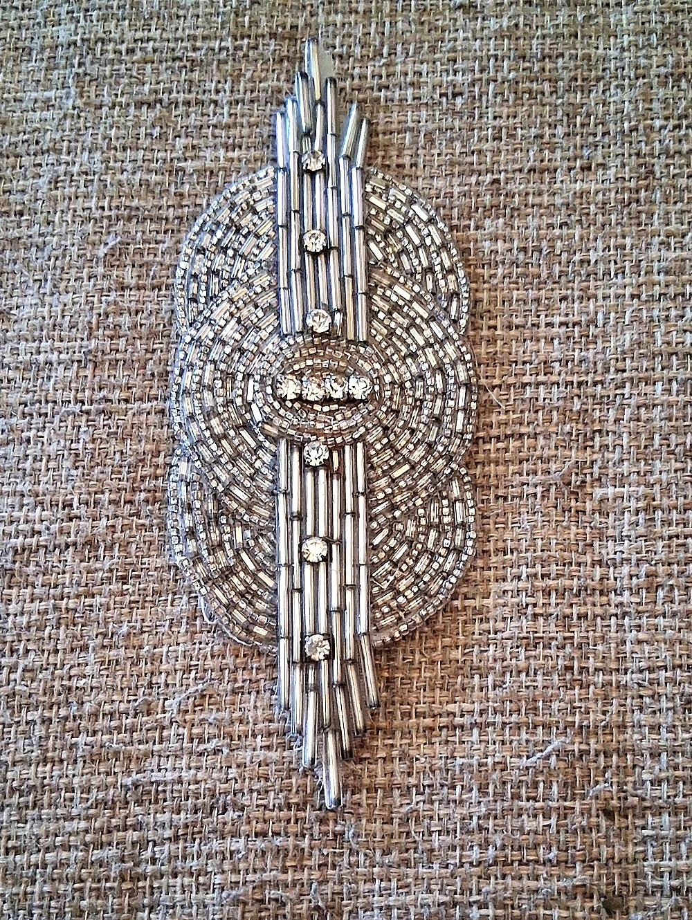 Art Deco Handmade Silver Beaded Crystal Statement Brooch Like New